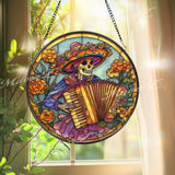 Day of the Dead Stained Glass Suncatcher, Round Skeleton Musician Window Panel, Mexican Folk Art Glass Home Decor Gift