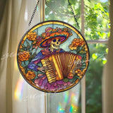 Day of the Dead Stained Glass Suncatcher, Round Skeleton Musician Window Panel, Mexican Folk Art Glass Home Decor Gift