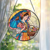 Lady with Parasol Stained Glass Suncatcher, Round Vintage Woman Window Panel, Floral Basket Glass Art Home Decor Gift