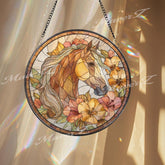 Horse Stained Glass Suncatcher, Round Floral Window Panel, Elegant Equine Art Glass Home Decor Gift for Animal Lovers