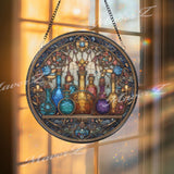 Potion Bottles Stained Glass Suncatcher, Round Fantasy Alchemy Window Panel, Wizard Lab Glass Art Home Decor Gift