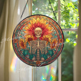 Skeleton Sunflower Stained Glass Suncatcher, Round Gothic Floral Window Panel, Day of the Dead Glass Art Home Decor Gift