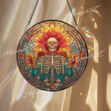 Skeleton Sunflower Stained Glass Suncatcher, Round Gothic Floral Window Panel, Day of the Dead Glass Art Home Decor Gift