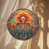Skeleton Sunflower Stained Glass Suncatcher, Round Gothic Floral Window Panel, Day of the Dead Glass Art Home Decor Gift