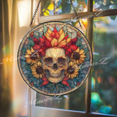 Skull Sunflower Stained Glass Suncatcher, Round Gothic Floral Window Panel, Day of the Dead Glass Art Home Decor Gift