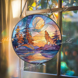 Wolf Moon Stained Glass Suncatcher, Round Forest Sunset Window Panel, Howling Wolf Glass Art Home Decor Gift