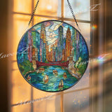 City Skyline Stained Glass Suncatcher, Round Urban River Window Panel, Modern Architecture Glass Art Home Decor Gift