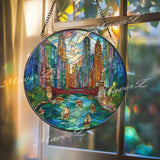 City Skyline Stained Glass Suncatcher, Round Urban River Window Panel, Modern Architecture Glass Art Home Decor Gift