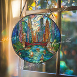 City Skyline Stained Glass Suncatcher, Round Urban River Window Panel, Modern Architecture Glass Art Home Decor Gift