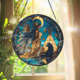 Native Spirit Stained Glass Suncatcher, Round Wolf Moon Window Panel, Tribal Woman Glass Art Home Decor Gift