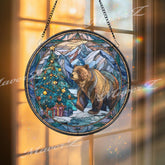 Bear Christmas Stained Glass Suncatcher, Round Winter Mountain Window Panel, Holiday Forest Glass Art Home Decor Gift