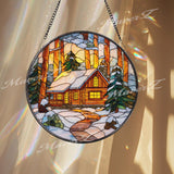 Cabin Winter Stained Glass Suncatcher, Round Snow Forest Window Panel, Cozy Log Home Glass Art Holiday Decor Gift