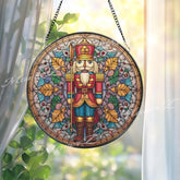 Nutcracker Stained Glass Suncatcher, Round Christmas Window Panel, Holiday Soldier Glass Art Home Decor Gift
