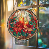 Christmas Candle Stained Glass Suncatcher, Round Poinsettia Holiday Window Panel, Festive Glass Art Home Decor Gift