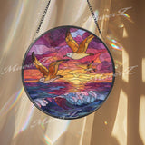 Seagull Sunset Stained Glass Suncatcher, Round Ocean Wave Window Panel with Flying Birds, Coastal Beach Nature Home Decor Gift