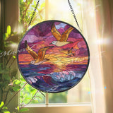 Seagull Sunset Stained Glass Suncatcher, Round Ocean Wave Window Panel with Flying Birds, Coastal Beach Nature Home Decor Gift