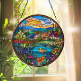 Village Stained Glass Suncatcher, Round Cottage Window Panel with Lake, Duck and Flowers, Colorful Countryside Home Decor Gift