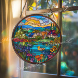 Village Stained Glass Suncatcher, Round Cottage Window Panel with Lake, Duck and Flowers, Colorful Countryside Home Decor Gift
