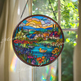 Village Stained Glass Suncatcher, Round Cottage Window Panel with Lake, Duck and Flowers, Colorful Countryside Home Decor Gift