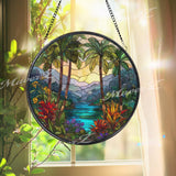 Tropical Stained Glass Suncatcher, Round Palm Tree and River Window Panel with Colorful Flowers, Exotic Nature Home Decor Gift