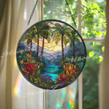 Tropical Stained Glass Suncatcher, Round Palm Tree and River Window Panel with Colorful Flowers, Exotic Nature Home Decor Gift