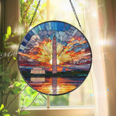 Washington DC Stained Glass Suncatcher, Round Monument Sunset Window Panel with Capitol and Lincoln Memorial, Patriotic Home Decor Gift