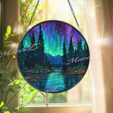 Northern Lights Stained Glass Suncatcher, Round Aurora Borealis Forest Lake Window Panel, Night Sky Nature Home Decor Gift