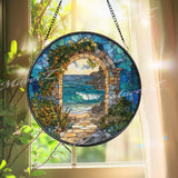 Ocean Archway Stained Glass Suncatcher, Round Coastal Beach Window Panel with Waves and Stone Path, Seaside Nature Home Decor Gift