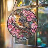 Songbird Stained Glass Suncatcher, Round Yellow Bird Window Panel with Pink Cherry Blossoms, Nature Floral Home Decor Gift