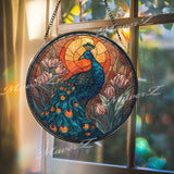 Peacock Stained Glass Suncatcher, Round Blue Bird Window Panel with Sun and Tulip Flowers, Elegant Nature Inspired Home Decor Gift