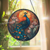 Peacock Stained Glass Suncatcher, Round Blue Bird Window Panel with Sun and Tulip Flowers, Elegant Nature Inspired Home Decor Gift