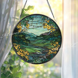 Landscape Stained Glass Suncatcher, Round Mountain River Valley Window Panel with Yellow Flowers, Nature Inspired Home Decor Gift