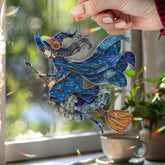 Flying Witch Acrylic Suncatcher, Stained Glass Style Blue Witch on Broom with Flowing Cape Window Hanging, Halloween Gothic Home Décor Gift