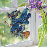 Flying Witch Acrylic Suncatcher, Stained Glass Style Blue Witch on Broom with Flowing Cape Window Hanging, Halloween Gothic Home Décor Gift