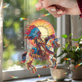 Native Warrior Horse Acrylic Suncatcher, Stained Glass Style Rider with Feather Headdress and Sun Window Hanging