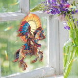 Native Warrior Horse Acrylic Suncatcher, Stained Glass Style Rider with Feather Headdress and Sun Window Hanging