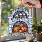 Pumpkin Skull Fireplace Acrylic Suncatcher, Stained Glass Style Jack O’Lanterns with Skulls Window Hanging, Gothic Halloween Home Décor Gift