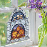 Pumpkin Skull Fireplace Acrylic Suncatcher, Stained Glass Style Jack O’Lanterns with Skulls Window Hanging, Gothic Halloween Home Décor Gift