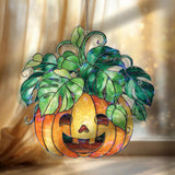 Pumpkin Monstera Acrylic Suncatcher, Stained Glass Style Jack O’Lantern with Green Leaves Window Hanging