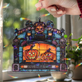 Pumpkin Fireplace Acrylic Suncatcher, Stained Glass Style Jack O’Lanterns in Gothic Fireplace Window Hanging