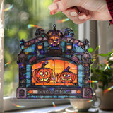 Pumpkin Fireplace Acrylic Suncatcher, Stained Glass Style Jack O’Lanterns in Gothic Fireplace Window Hanging