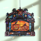 Pumpkin Fireplace Acrylic Suncatcher, Stained Glass Style Jack O’Lanterns in Gothic Fireplace Window Hanging
