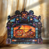 Pumpkin Fireplace Acrylic Suncatcher, Stained Glass Style Jack O’Lanterns in Gothic Fireplace Window Hanging