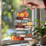 Pumpkin Books Acrylic Suncatcher, Stained Glass Style Stack of Books with Autumn Pumpkins Window Hanging, Fall Reader Home Décor Gift