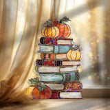 Pumpkin Books Acrylic Suncatcher, Stained Glass Style Stack of Books with Autumn Pumpkins Window Hanging, Fall Reader Home Décor Gift