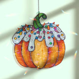 Pumpkin Acrylic Suncatcher, Stained Glass Style Orange Pumpkin with White Frosting and Colorful Sprinkles Window Hanging, Fall Holiday Décor
