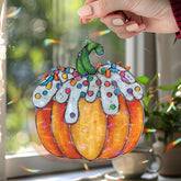 Pumpkin Acrylic Suncatcher, Stained Glass Style Orange Pumpkin with White Frosting and Colorful Sprinkles Window Hanging, Fall Holiday Décor