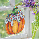 Pumpkin Acrylic Suncatcher, Stained Glass Style Orange Pumpkin with White Frosting and Colorful Sprinkles Window Hanging, Fall Holiday Décor