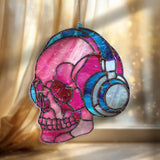 Skull Headphones Acrylic Suncatcher, Stained Glass Style Pink Skull with Blue Headset Window Hanging, Gothic Music Lover Home Décor Gift