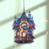 Birdhouse Acrylic Suncatcher, Stained Glass Style Blue Bird with Lantern Windows Window Hanging, Cottagecore Nature Home Décor Gift